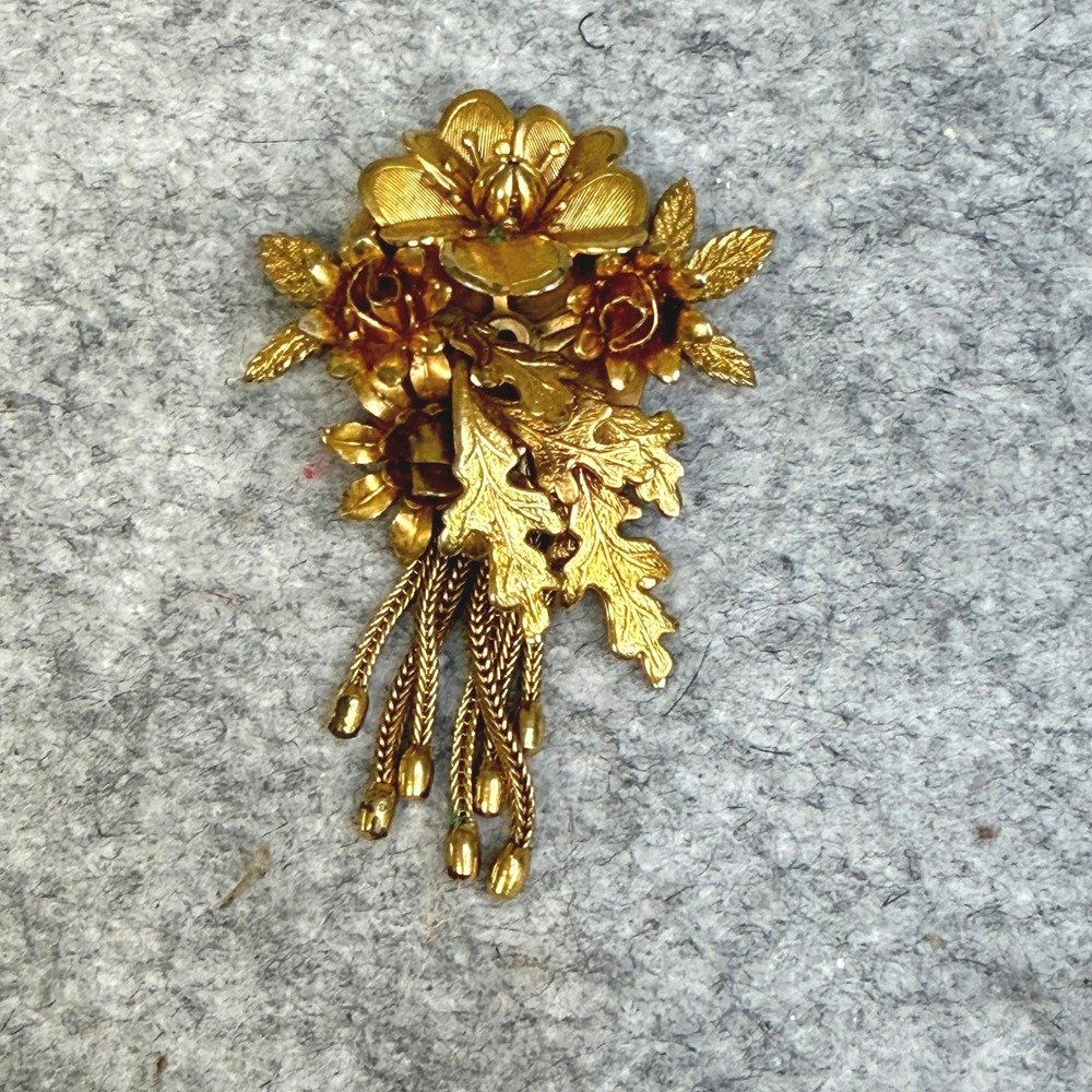 Vintage Gold Tone Floral Bouquet Brooch with Cascading Tassel Fringe 3 Inch